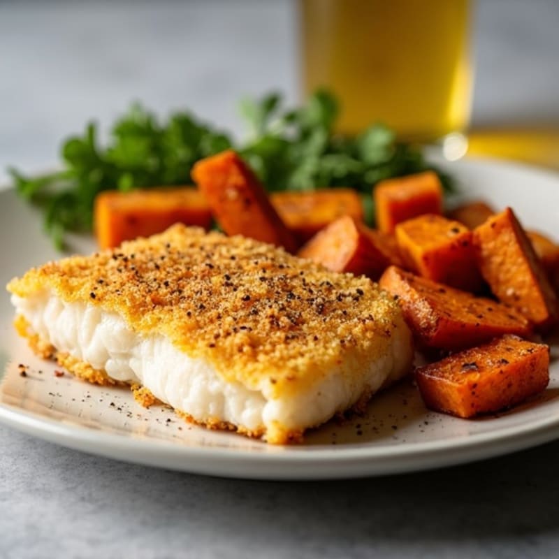 Crispy Baked Cod with Roasted Sweet Potato Wedges