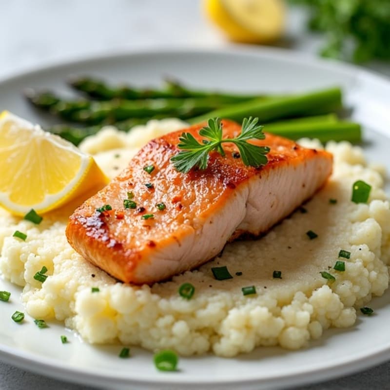 Seared Salmon with Steamed Asparagus and Cauliflower Mash
