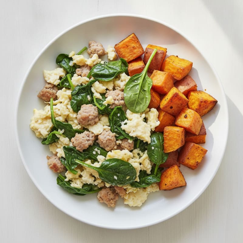 Egg White Scramble with Turkey Sausage and Sautéed Spinach