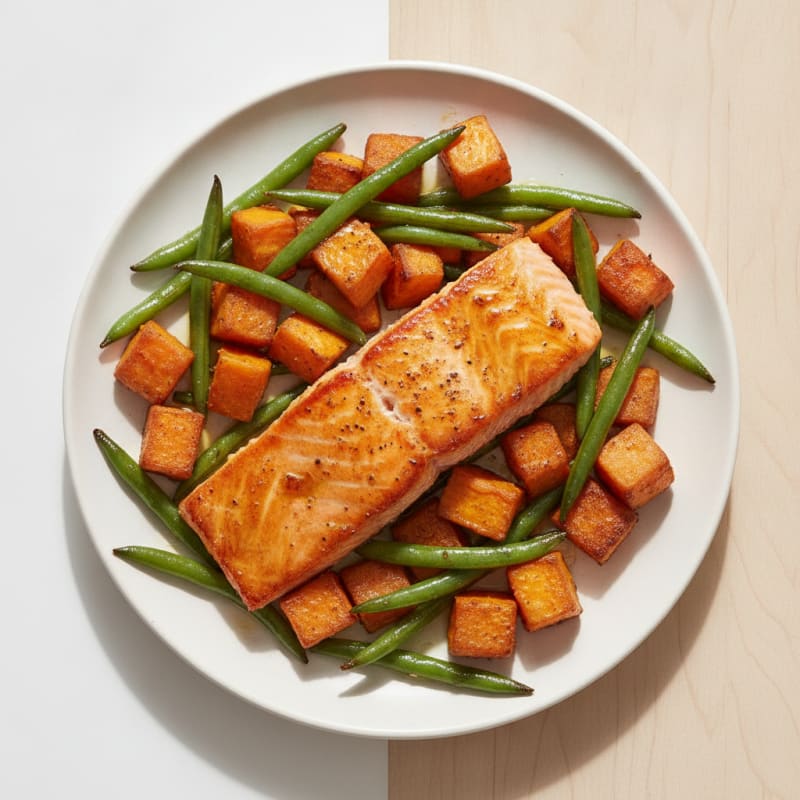 Seared Salmon with Roasted Sweet Potatoes and Green Beans