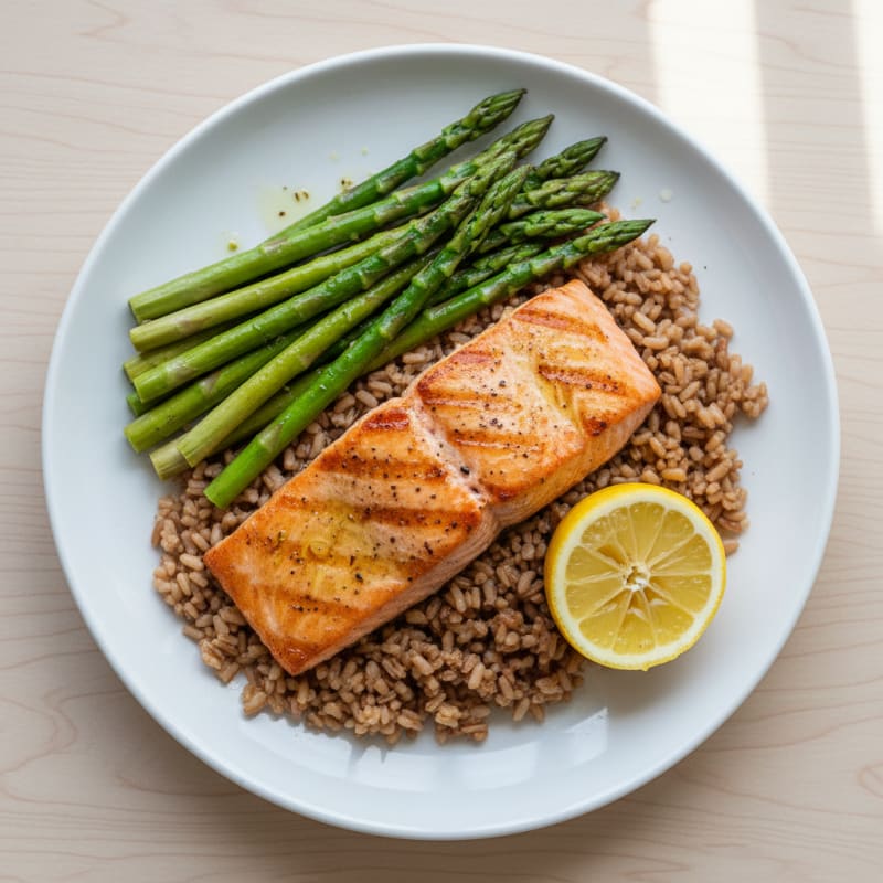 Seared Salmon with Steamed Asparagus and Brown Rice