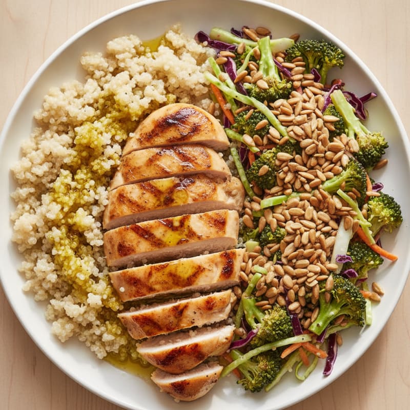 Grilled Chicken Breast with Crunchy Broccoli Slaw and Quinoa