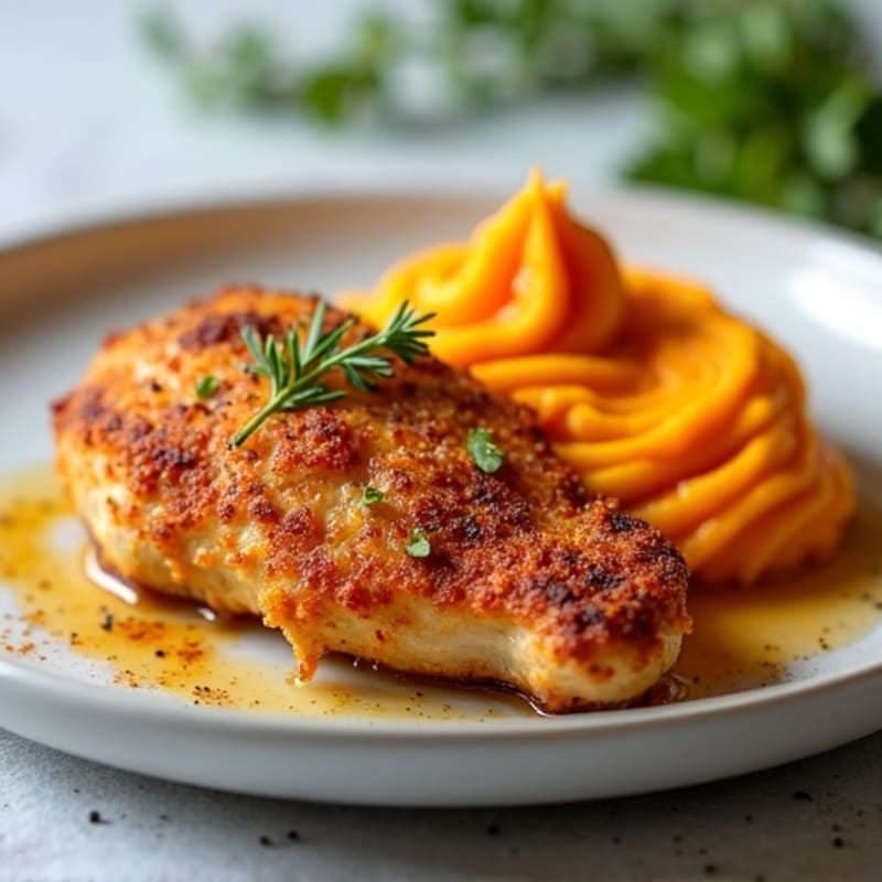Crispy Buttermilk-Marinated Baked Chicken with Fluffy Sweet Potato Mash