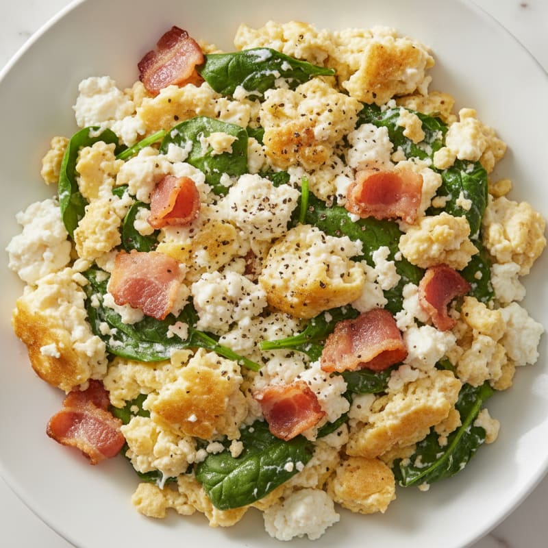 Cottage Cheese Egg Scramble with Spinach and Turkey Bacon