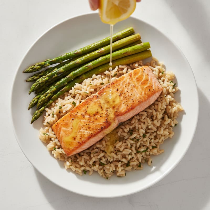 Seared Salmon with Herbed Brown Rice and Roasted Asparagus