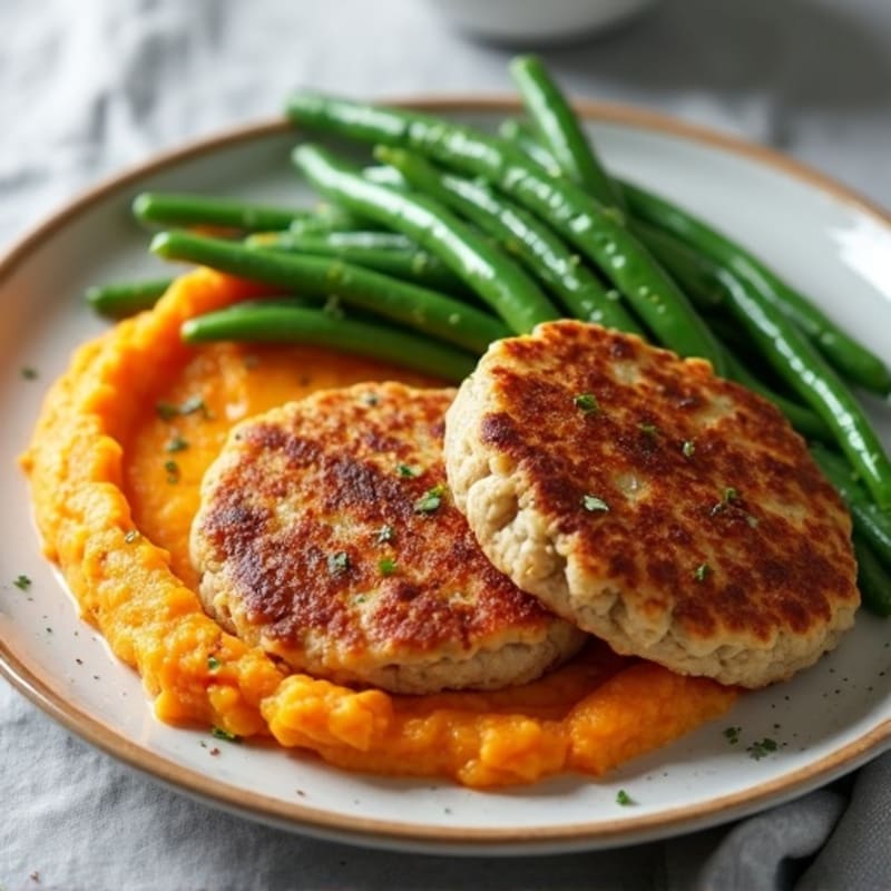 Seared Turkey Patties with Steamed Green Beans and Sweet Potato Mash
