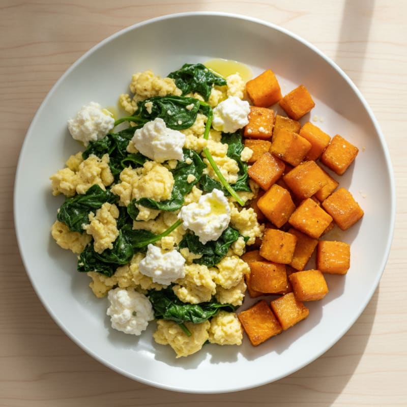 Cottage Cheese Scramble with Spinach and Roasted Sweet Potato