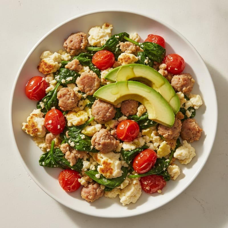 Egg White and Turkey Sausage Scramble with Spinach and Cherry Tomatoes