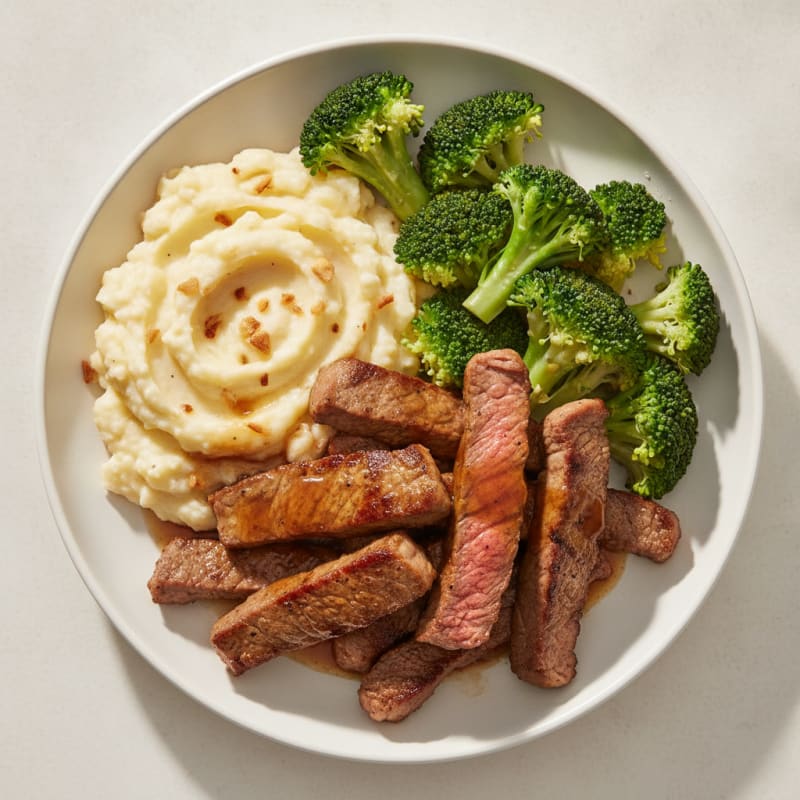 Seared Lean Beef Strips with Steamed Broccoli and Garlic Mashed Cauliflower