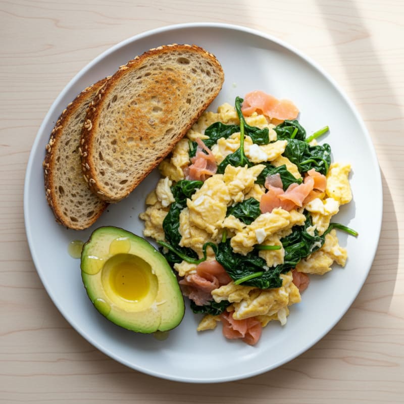 Scrambled Eggs with Smoked Salmon and Sautéed Spinach
