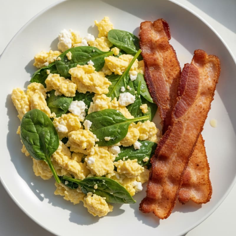 Cottage Cheese Egg Scramble with Spinach and Turkey Bacon