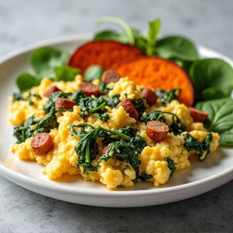 Egg White Spinach Scramble with Turkey Sausage and Roasted Sweet Potatoes