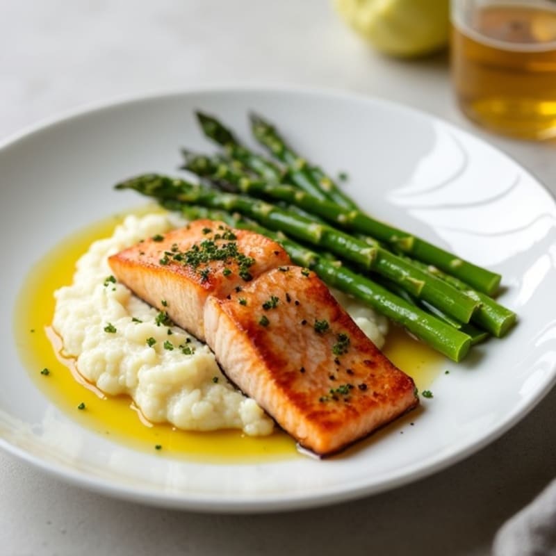 Seared Salmon with Steamed Asparagus and Cauliflower Mash