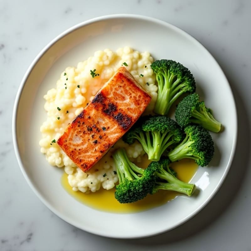 Seared Salmon with Steamed Broccoli and Garlic Cauliflower Mash