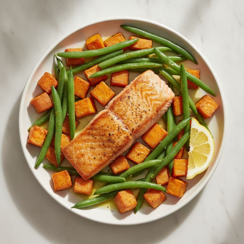 Seared Salmon Fillet with Roasted Sweet Potato and Green Beans