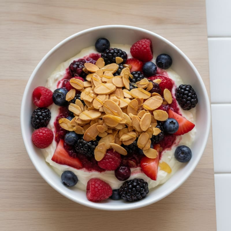 Greek Yogurt Protein Parfait with Mixed Berries and Almonds