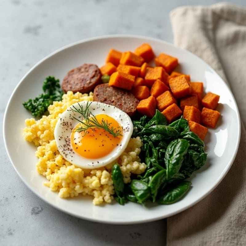 Egg White Spinach Scramble with Turkey Sausage and Roasted Sweet Potatoes