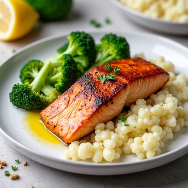 Seared Salmon Fillet with Steamed Broccoli and Garlic Cauliflower Mash