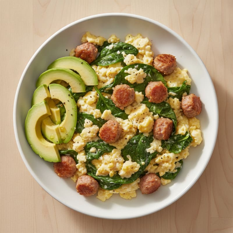 Creamy Scrambled Eggs with Spinach and Turkey Sausage