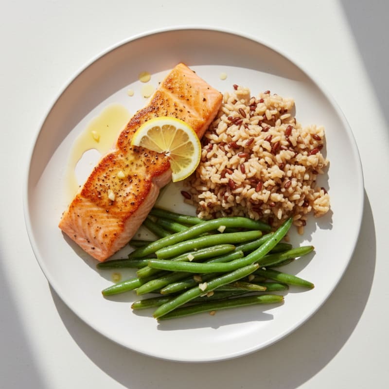 Seared Salmon with Garlic Green Beans and Brown Rice