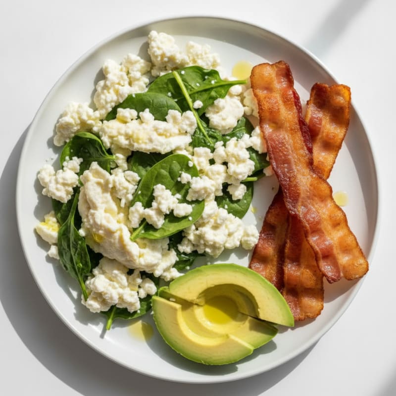 Cottage Cheese Egg White Scramble with Spinach and Turkey Bacon