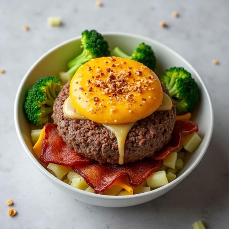 Lean Beef Cheeseburger Bowl with Double Crispy Turkey Bacon and Roasted Broccoli