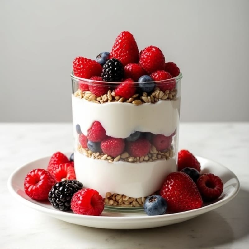 Greek Yogurt Parfait with Mixed Berries and Pumpkin Seed Crunch