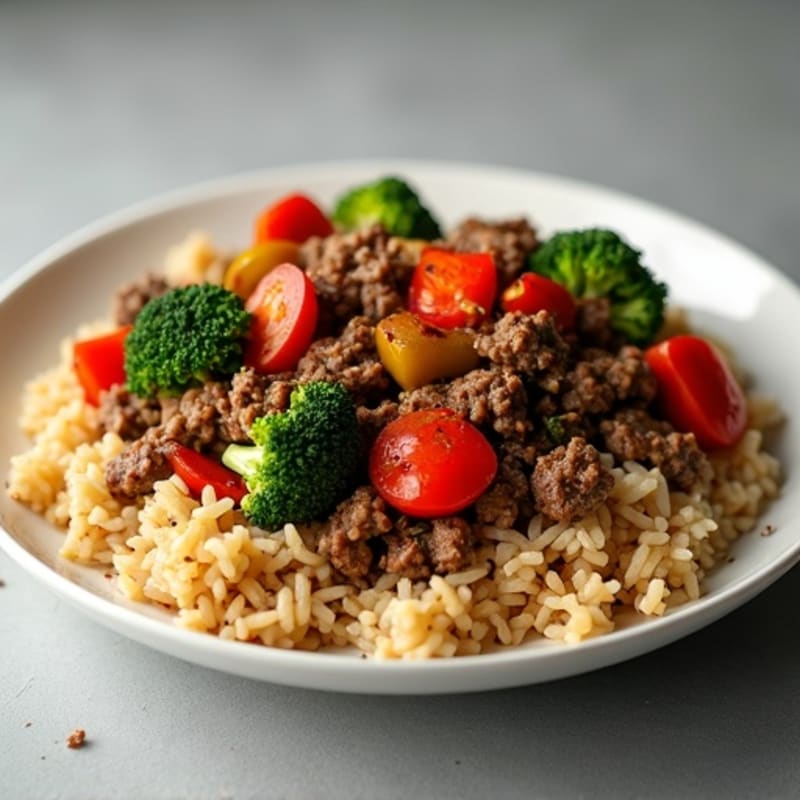 Lean Ground Beef with Brown Rice and Roasted Vegetables