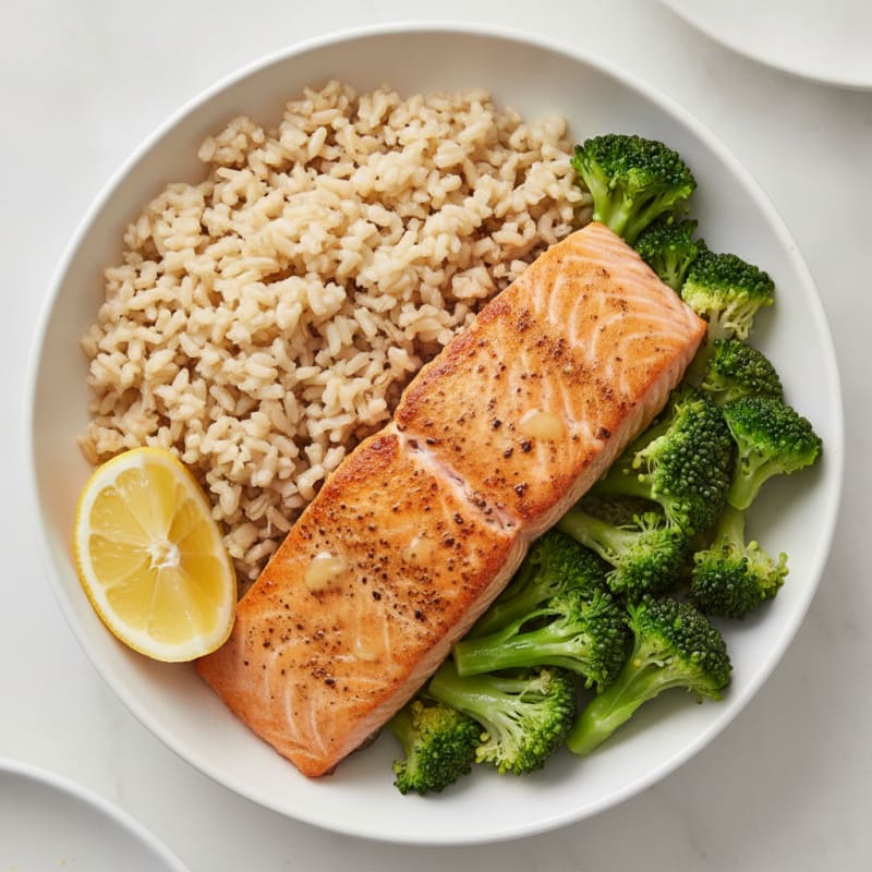 Pan-Seared Salmon with Steamed Broccoli and Brown Rice
