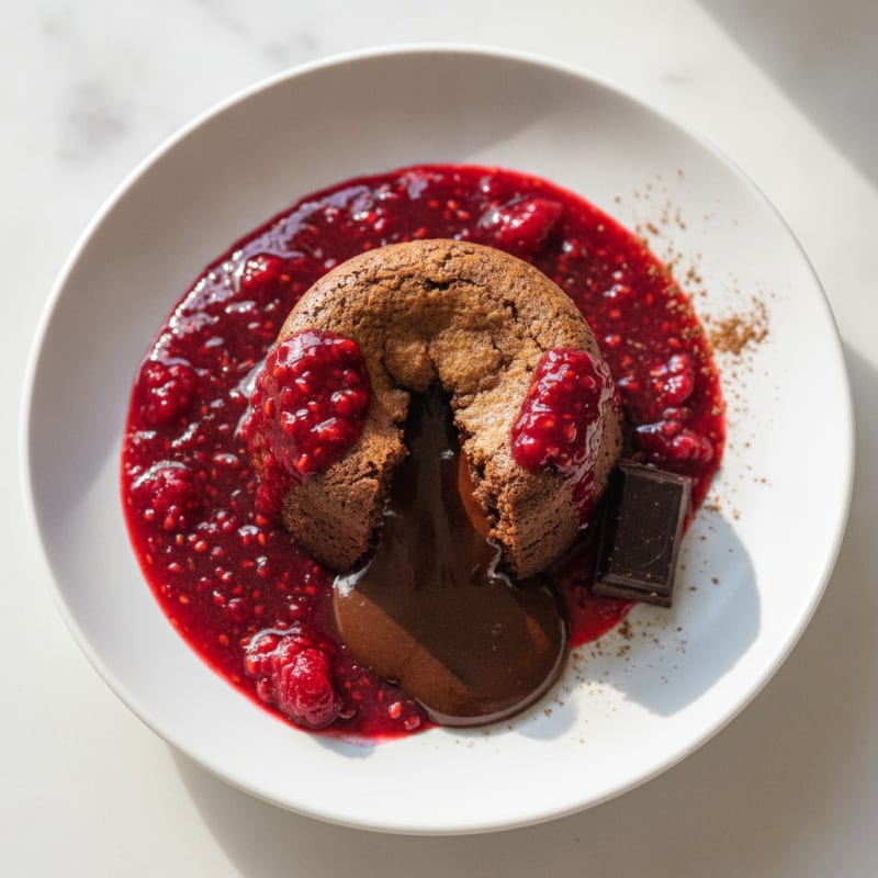 High-Protein Chocolate Lava Cake with Raspberry Coulis