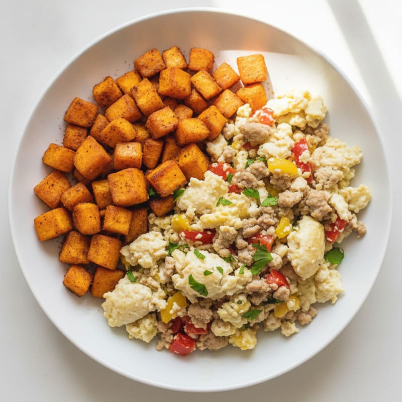Egg White and Ground Turkey Scramble with Sweet Potato Hash