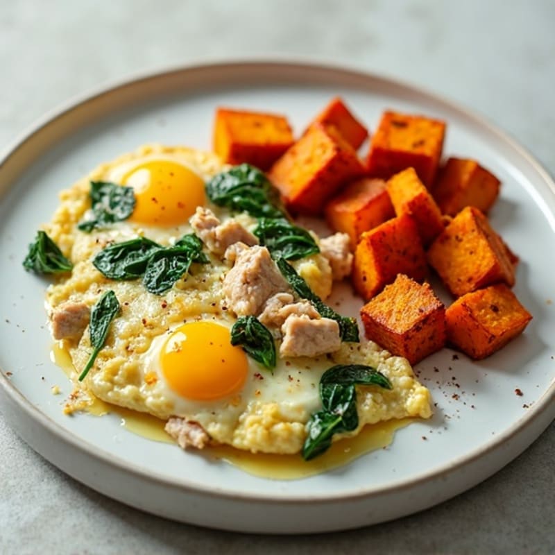 Egg White and Turkey Spinach Scramble with Roasted Sweet Potato