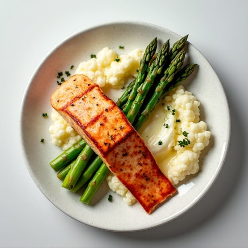 Seared Salmon with Steamed Asparagus and Garlic Mashed Cauliflower