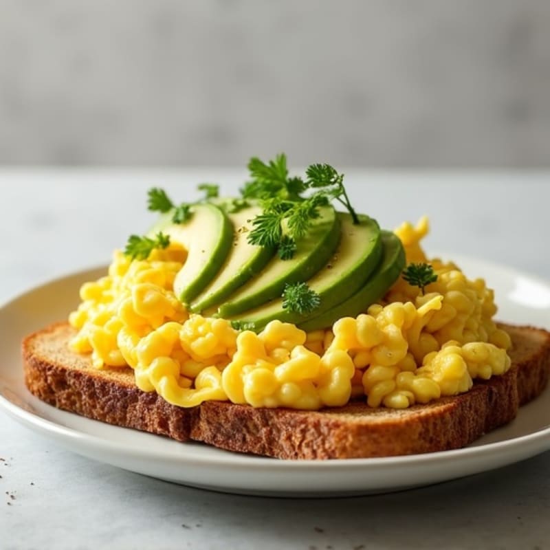 Fluffy Scrambled Eggs with Creamy Sliced Avocado and Crispy Ezekiel Toast