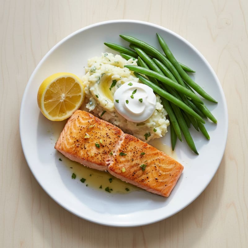 Seared Salmon with Steamed Green Beans and Garlic Mashed Potatoes