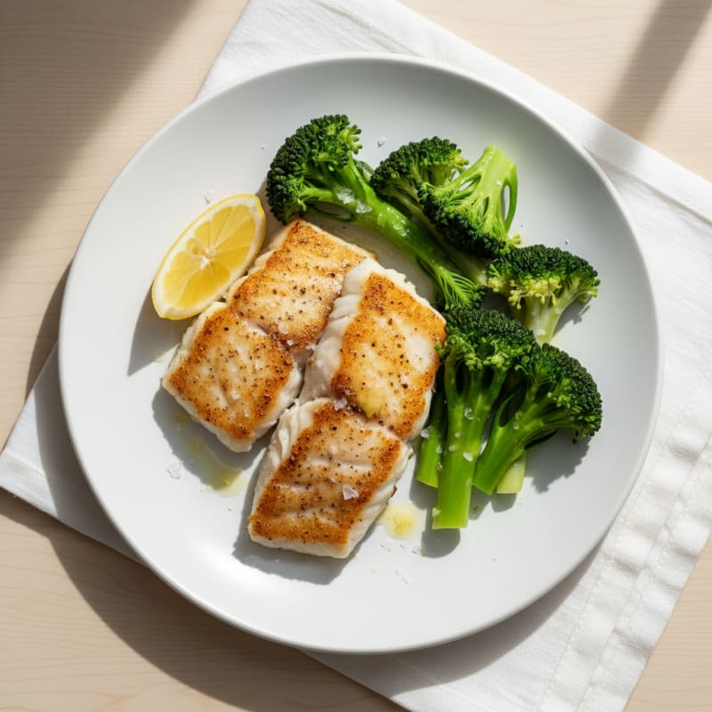 Seared Cod with Steamed Broccoli and Lemon