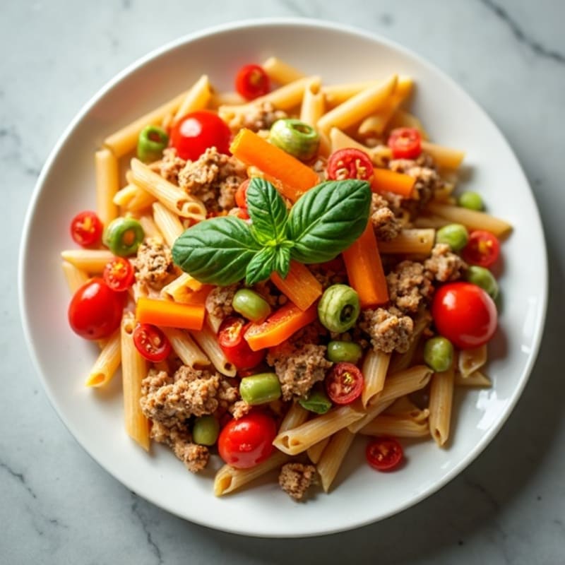 Hearty Whole Wheat Pasta with Lean Ground Turkey, Roasted Vegetables, and Fresh Tomato Basil Sauce