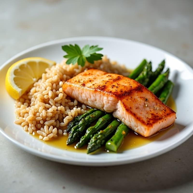 Seared Salmon with Steamed Asparagus and Brown Rice