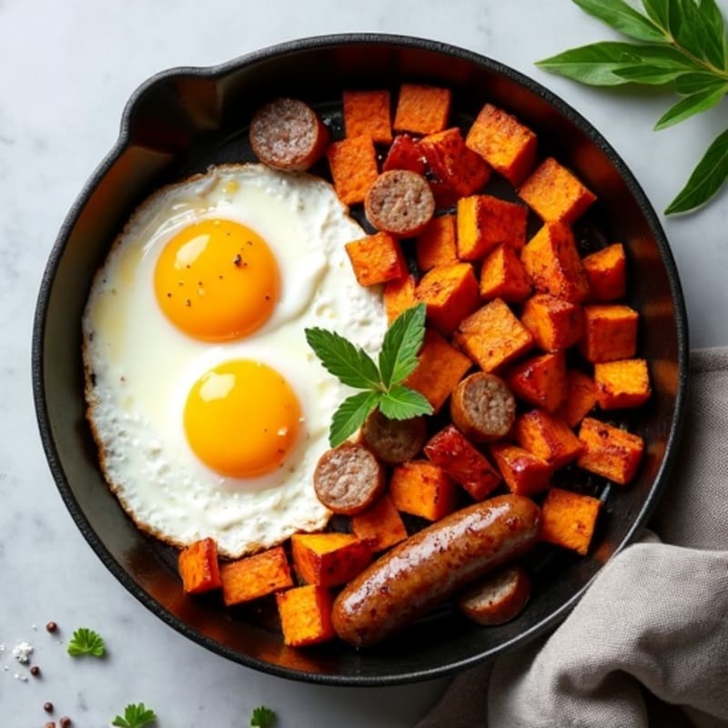 Crispy Sweet Potato and Egg Skillet with Lean Turkey Sausage