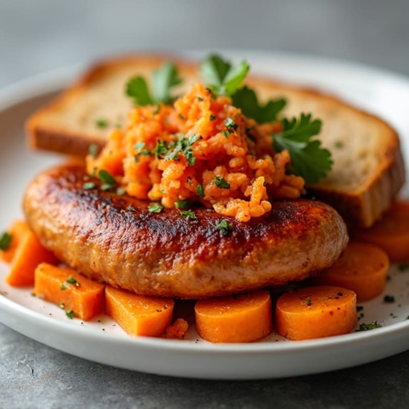 Crispy Chicken Sausage with Sweet Potato Hash and Toasted Bread