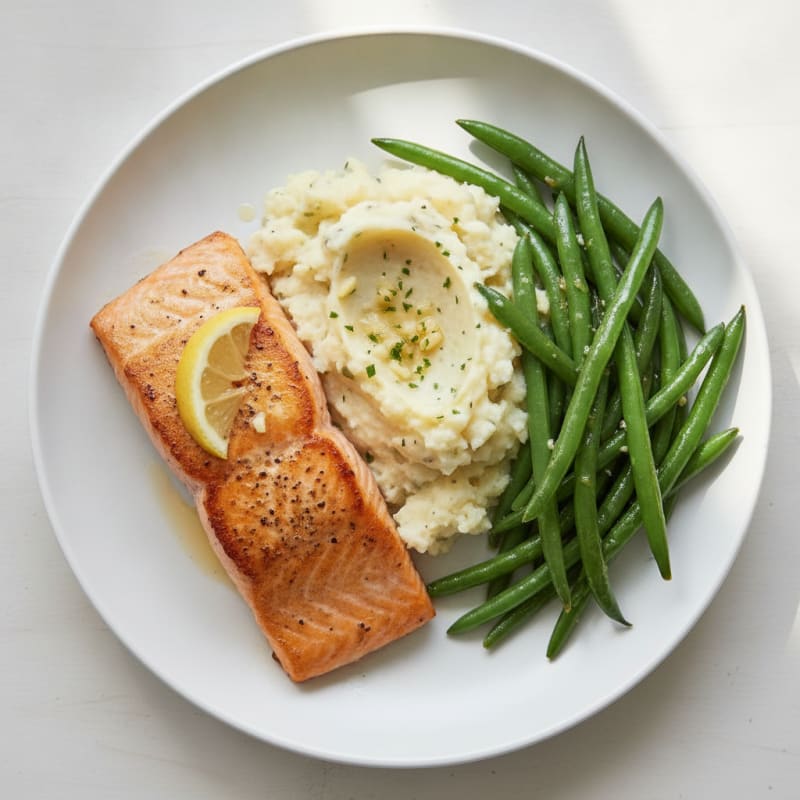 Seared Salmon with Steamed Green Beans and Garlic Mashed Potatoes