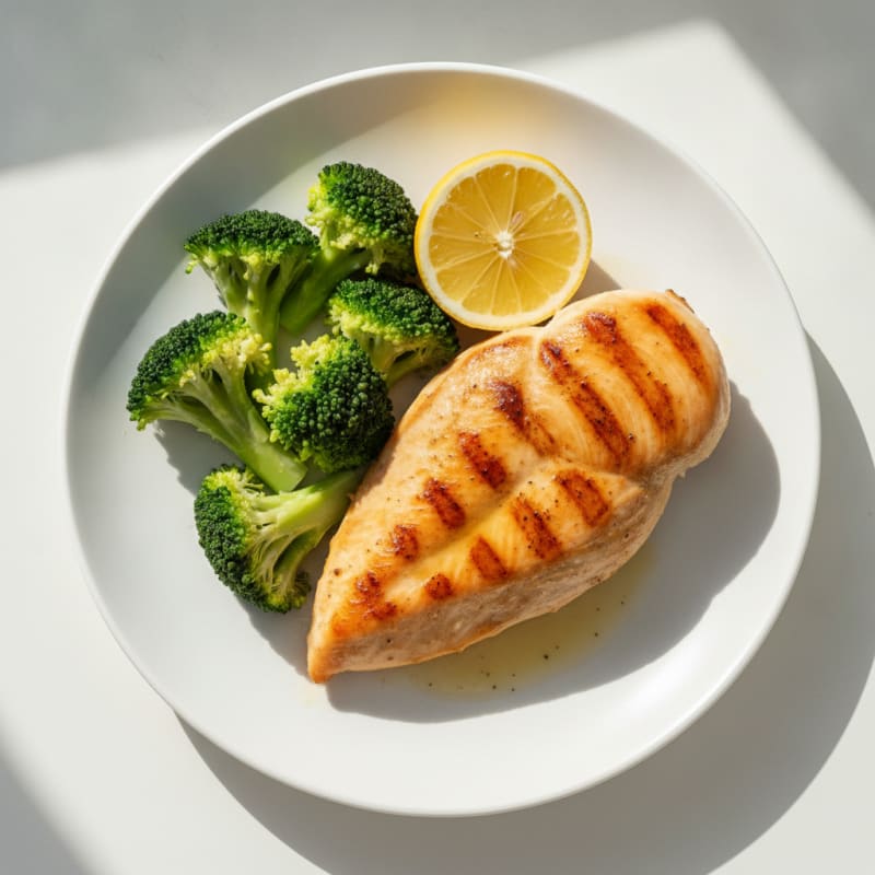 Grilled Chicken Breast with Steamed Broccoli and Lemon
