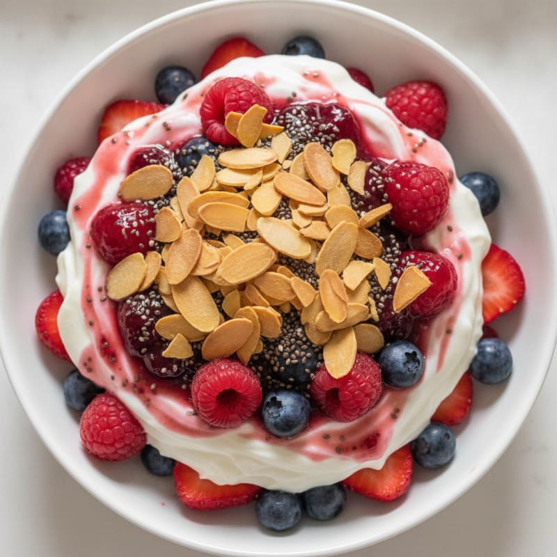 Greek Yogurt Protein Parfait with Mixed Berries and Almonds