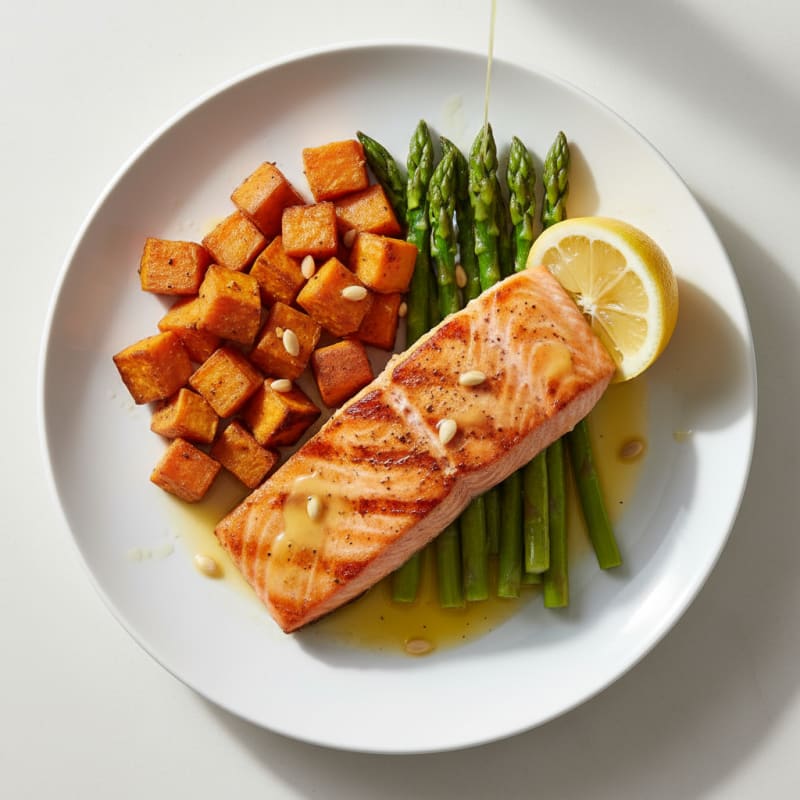 Seared Salmon with Roasted Sweet Potatoes and Asparagus