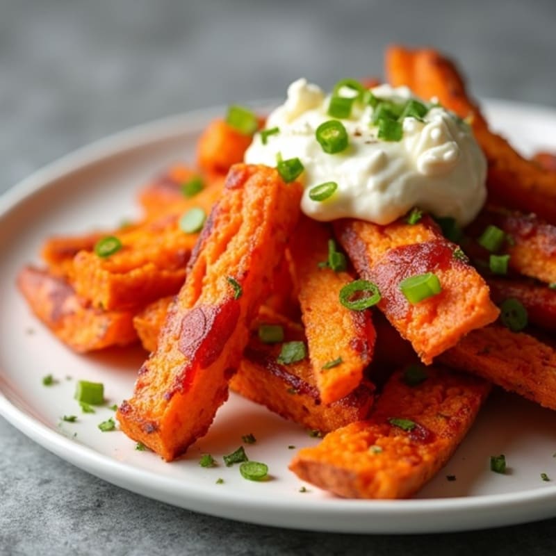Crispy Baked Sweet Potato Fries with Lean Turkey Bacon and Creamy Cheesy Sauce