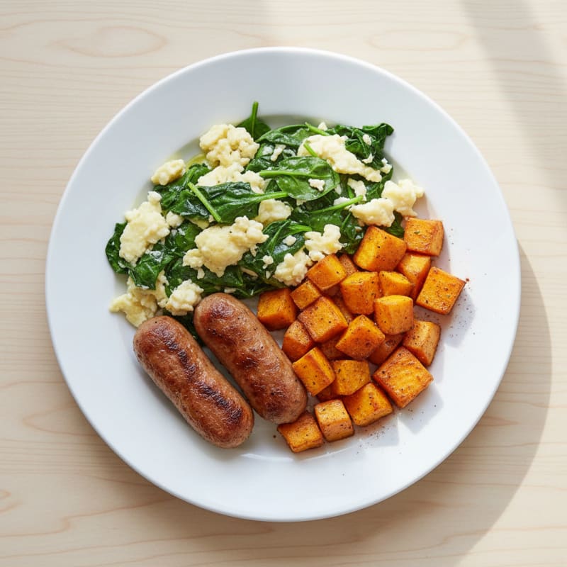Egg White Spinach Scramble with Turkey Sausage and Roasted Sweet Potatoes