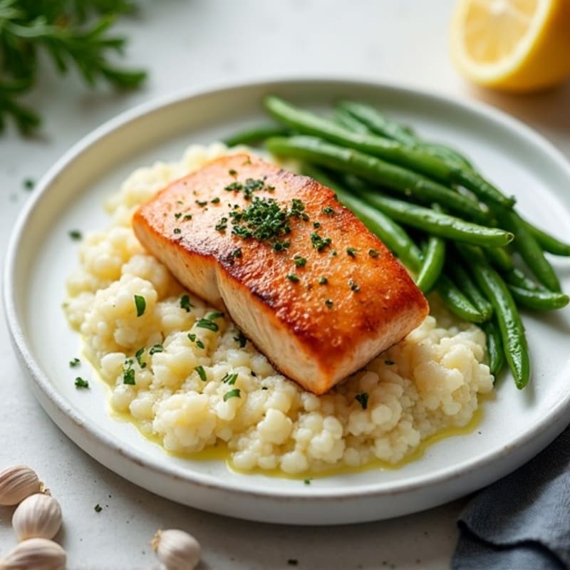 Seared Salmon with Garlic Green Beans and Cauliflower Mash