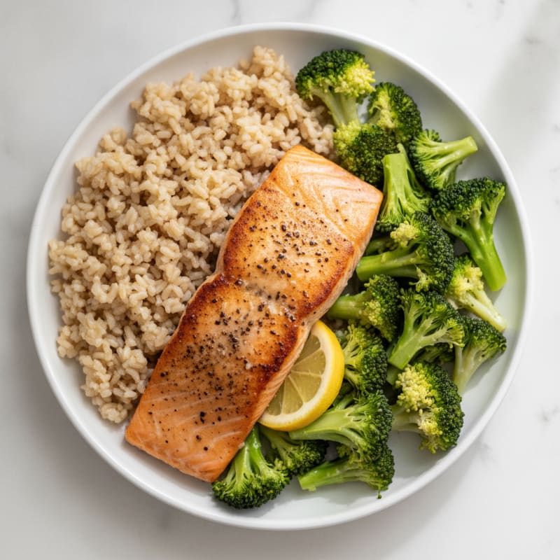 Seared Salmon with Steamed Broccoli and Brown Rice