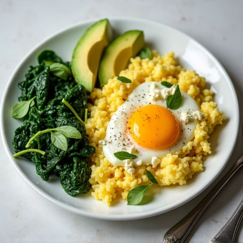 Fluffy Egg Scramble with Sautéed Spinach and Creamy Avocado
