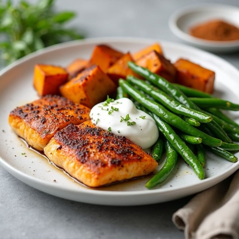 Cajun Blackened Catfish with Roasted Sweet Potatoes and Green Beans